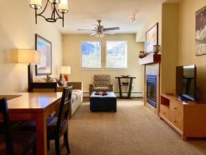 TV, fireplace, DVD player, video library