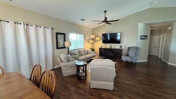 Smart TV, fireplace, books