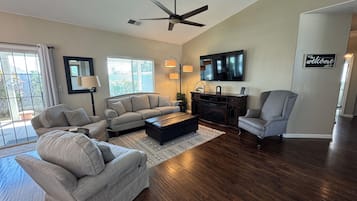 Smart TV, fireplace, books