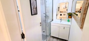 Ducha, secador de pelo, toallas y papel higiénico