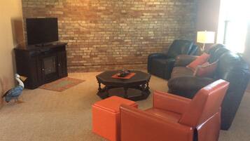 Smart TV, fireplace, DVD player, foosball