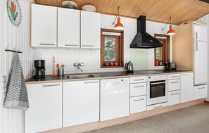 Fridge, stovetop, dishwasher, coffee/tea maker