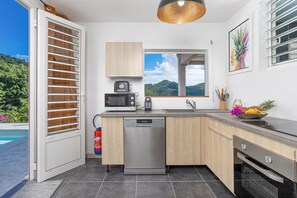 Full-size fridge, microwave, oven, stovetop