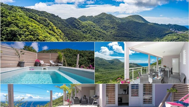 Eine moderne Villa mit Swimmingpool, Sitzgelegenheiten im Freien und einer herrlichen Aussicht auf die Berge.