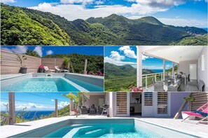 Una villa moderna con piscina, mobiliario exterior y vistas panorámicas a la montaña.