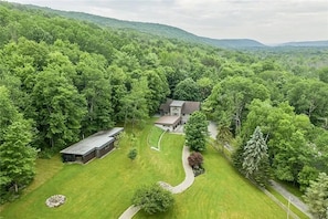 A large house surrounded by dense forest, with a well-maintained lawn and a driveway leading to the entrance.