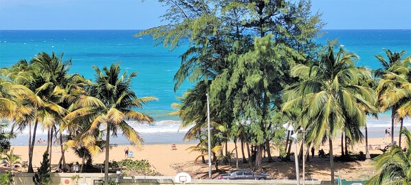 On the beach, sun loungers