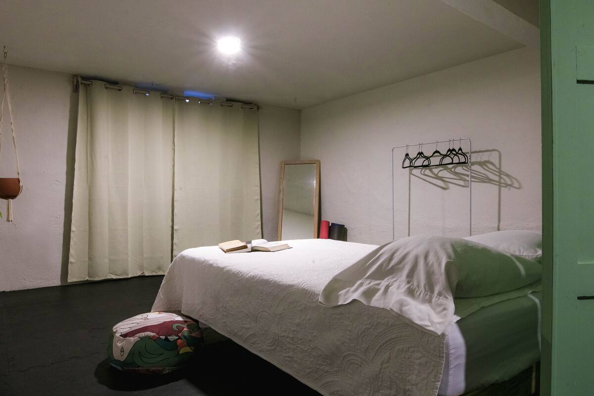 A bedroom with a bed, a hanging plant, a mirror, and a wall-mounted coat rack.