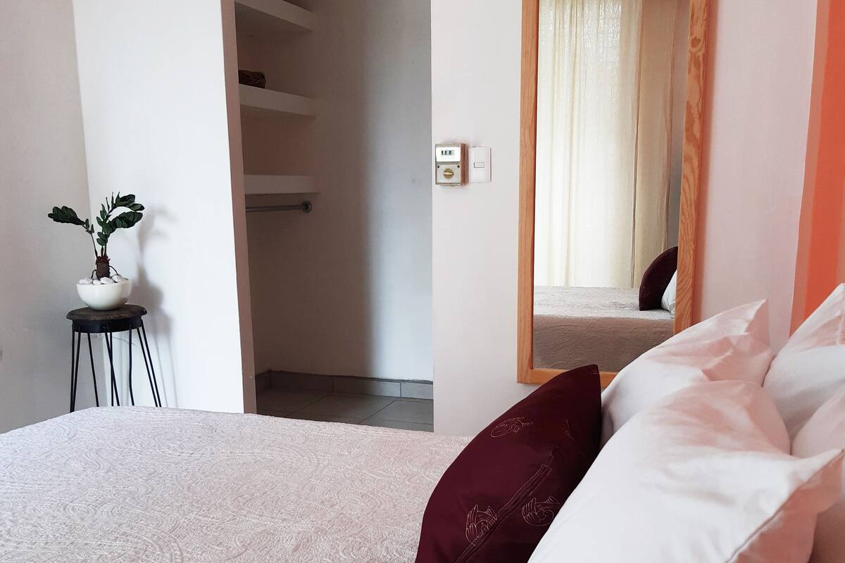 A bedroom with a large bed, a bedside table with a potted plant, and a mirror on the wall.