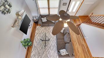 Smart TV, fireplace, books