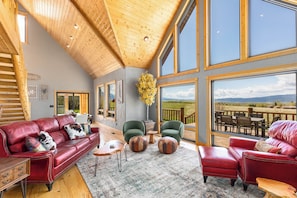 Smart TV, fireplace, books, computer monitors