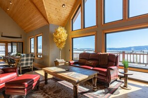 Smart TV, fireplace, books, computer monitors