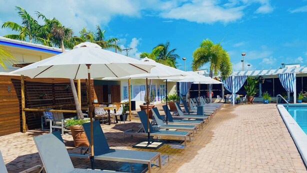 Een zwembadgedeelte met ligbedden en parasols, palmbomen en een helderblauwe lucht.