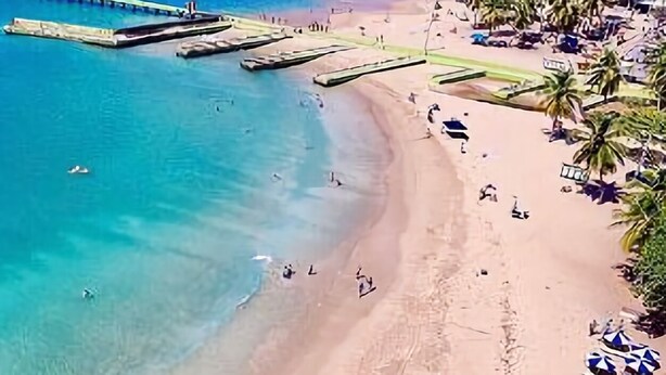Una playa con agua turquesa cristalina, un muelle y palmeras.