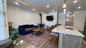 A modern living room with a blue sofa, a wooden coffee table, and a patterned rug. - Two apartments in one house (Silverton)