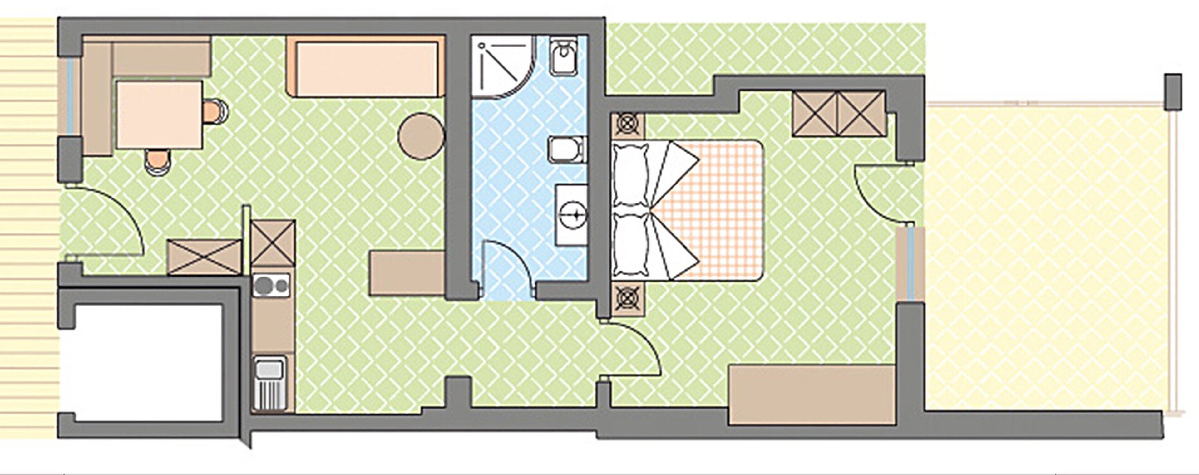 A floor plan with a kitchen, dining area, two bedrooms, a bathroom, and a living room.