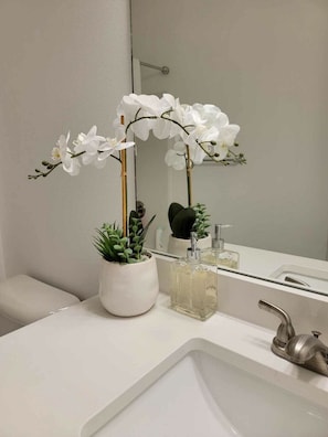 A bathroom with a white sink, a mirror, a potted plant, and a bottle of liquid soap. - Cozy New Townhome - W/Fireplace Quiet Neighbors (West Des Moines)