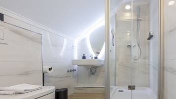 Un baño moderno con ducha de vidrio, un lavamanos blanco y un inodoro.
