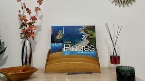 Una habitación con un estante de madera que muestra un libro titulado 'Plages vues du ciel', un florero con flores y espejos decorativos en la pared.