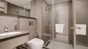 A modern bathroom with a glass-enclosed shower, a sink, and a toilet.