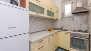 A compact kitchen with a refrigerator, a stove, and a window. - Apartment Marjan (Posedarje)