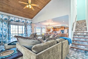 TV, fireplace, books