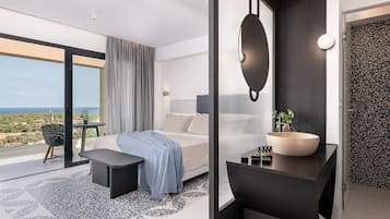Studio Suite Mewah, pemandangan laut | Seprai premium, selimut bulu angsa, bantalan ekstra lembut, dan brankas