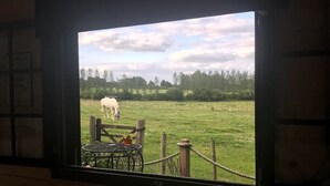 A room with a large window overlooking a grassy field with a sheep. - Private Quiet Cabin, overlooking Paddocks Vineyards and Pine Forest (East Sussex)
