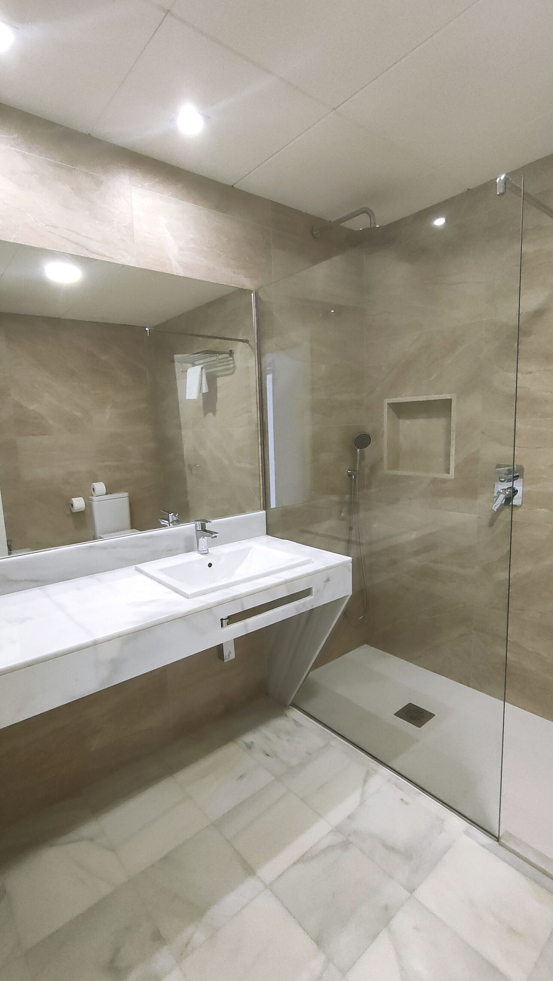 family quadruple room | bathroom | shower, rainfall showerhead, free toiletries, hair dryer