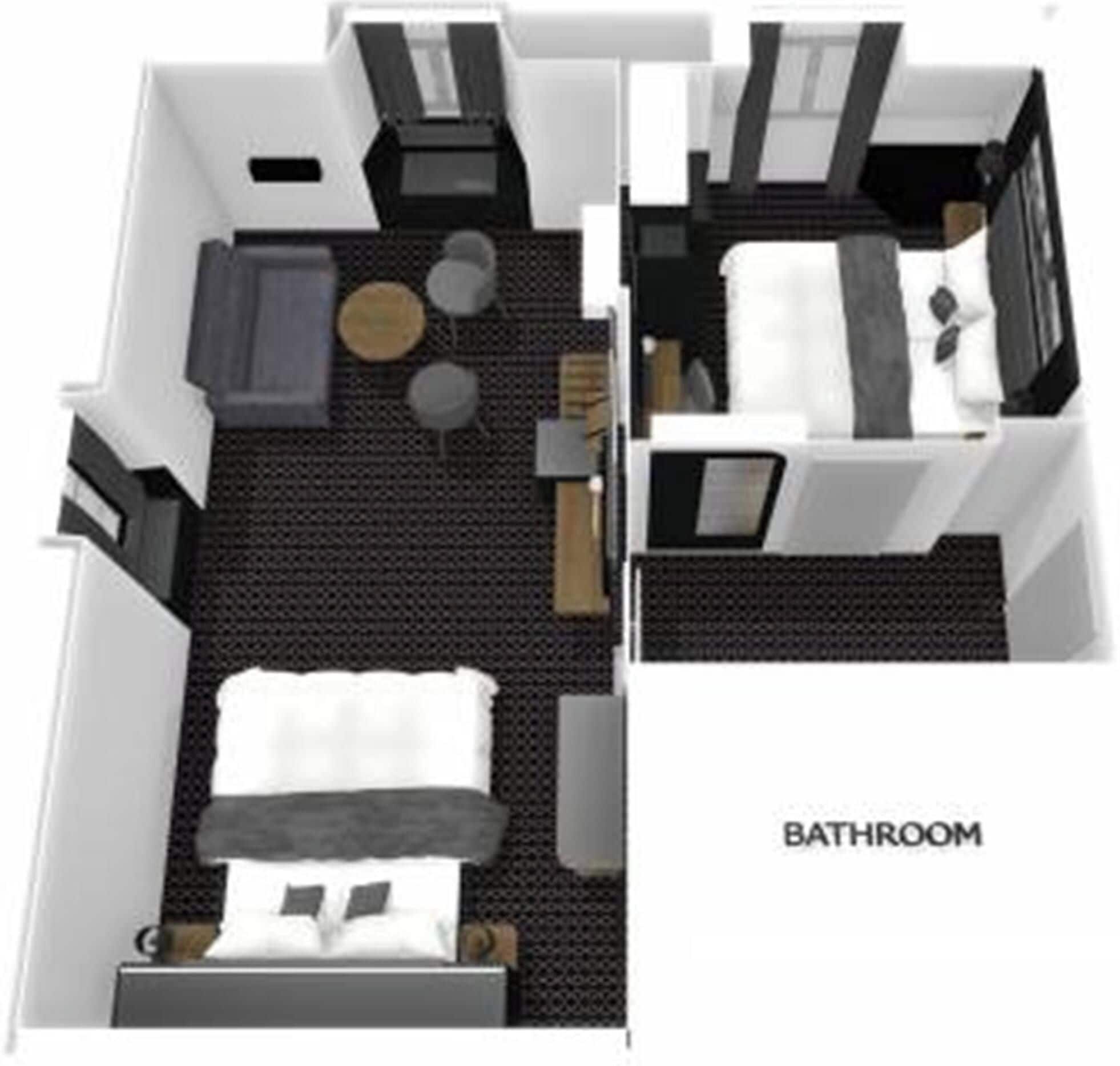 A hotel room layout with a bed, bedside tables, a small seating area, and a bathroom.