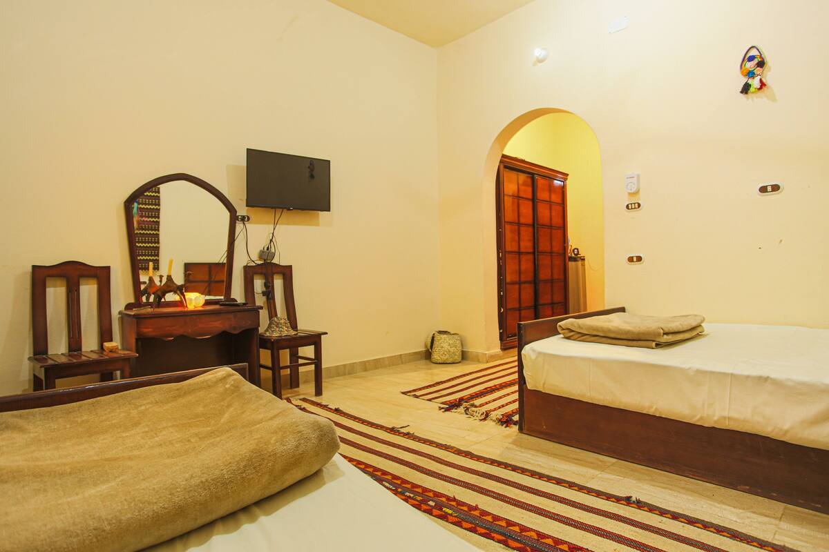 A bedroom with a bed, a desk, a chair, a mirror, a television, and a door leading to another room.