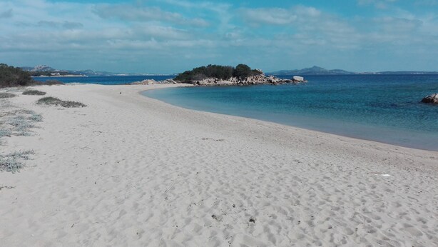 A beach with white sand, clear blue water, and a rocky outcrop with vegetation. - Tanca Manna three bedrooms apartment 3 bedrooms 2 bathrooms large sea view (Cannigione)