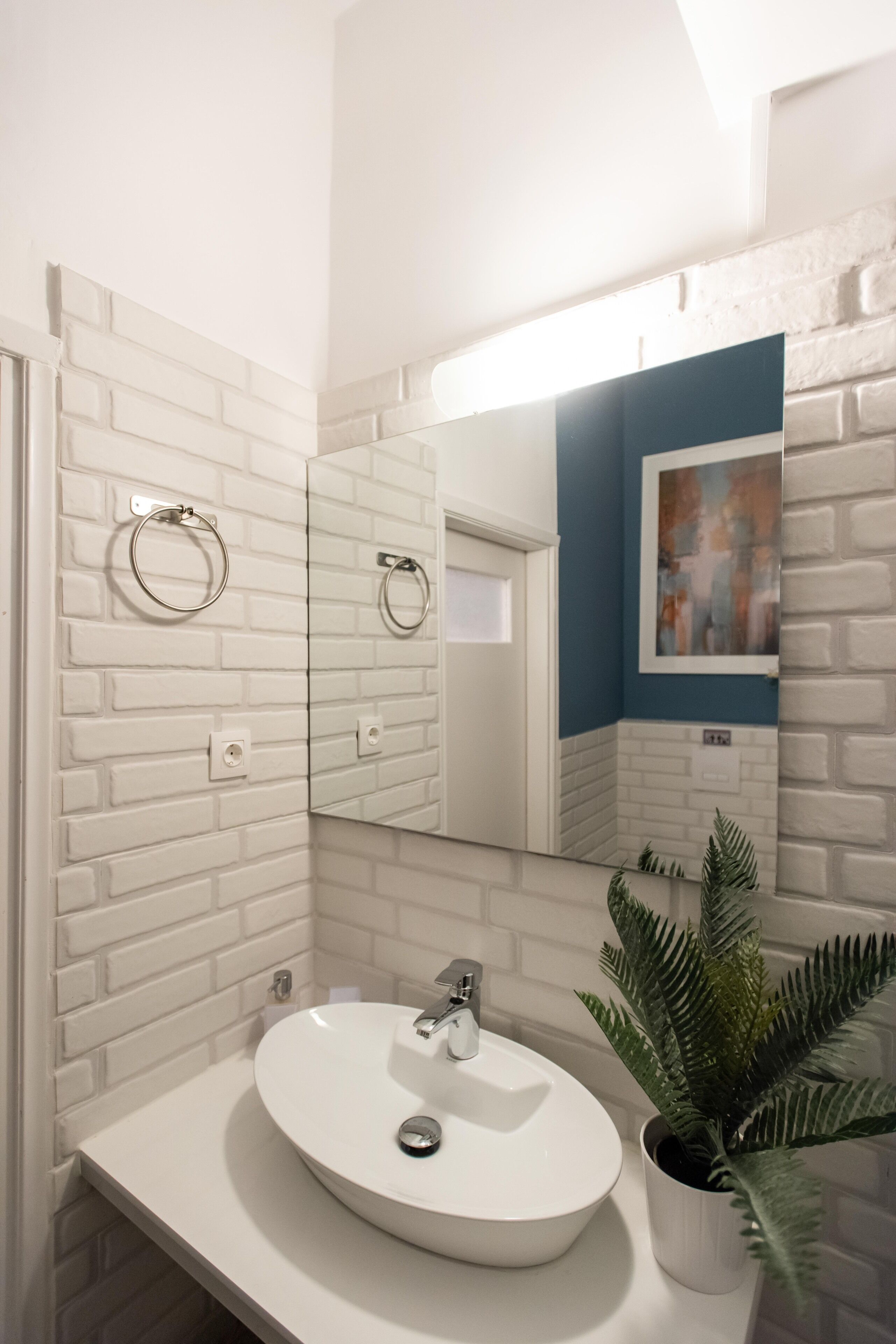 A bathroom with a white sink, a mirror, and a potted plant.