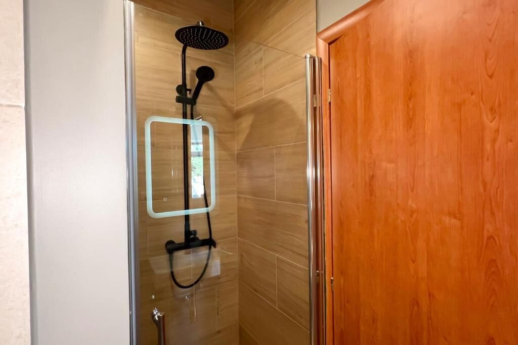 A glass-enclosed shower with a handheld showerhead and a handheld scrubber.