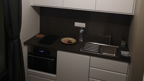 Et kompakt tekøkken med kogeplade, vask og skabe.