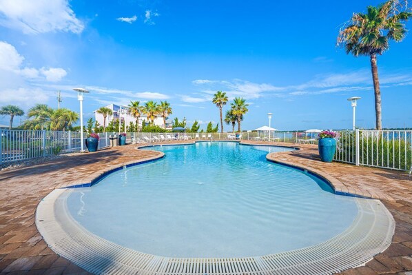 A swimming pool with a tiled deck, surrounded by palm trees and a fence.
