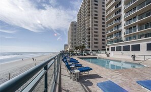 Ein Strandhotel mit Poolbereich, einem Strand und Hochhäusern im Hintergrund.