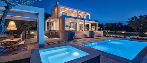 Outdoor pool, pool umbrellas, pool loungers