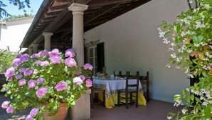 A covered outdoor dining area with a table set for two, surrounded by potted plants and a pergola structure.