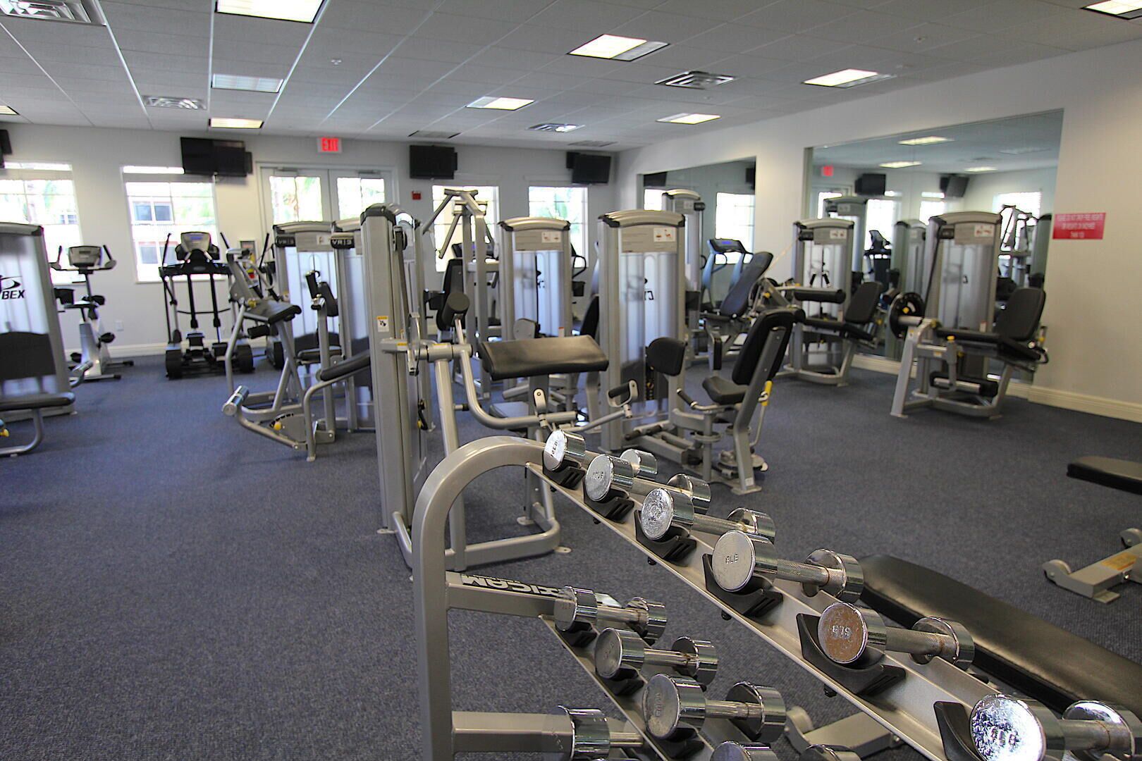 A gym with various exercise machines, including treadmills, weight machines, and free weights.
