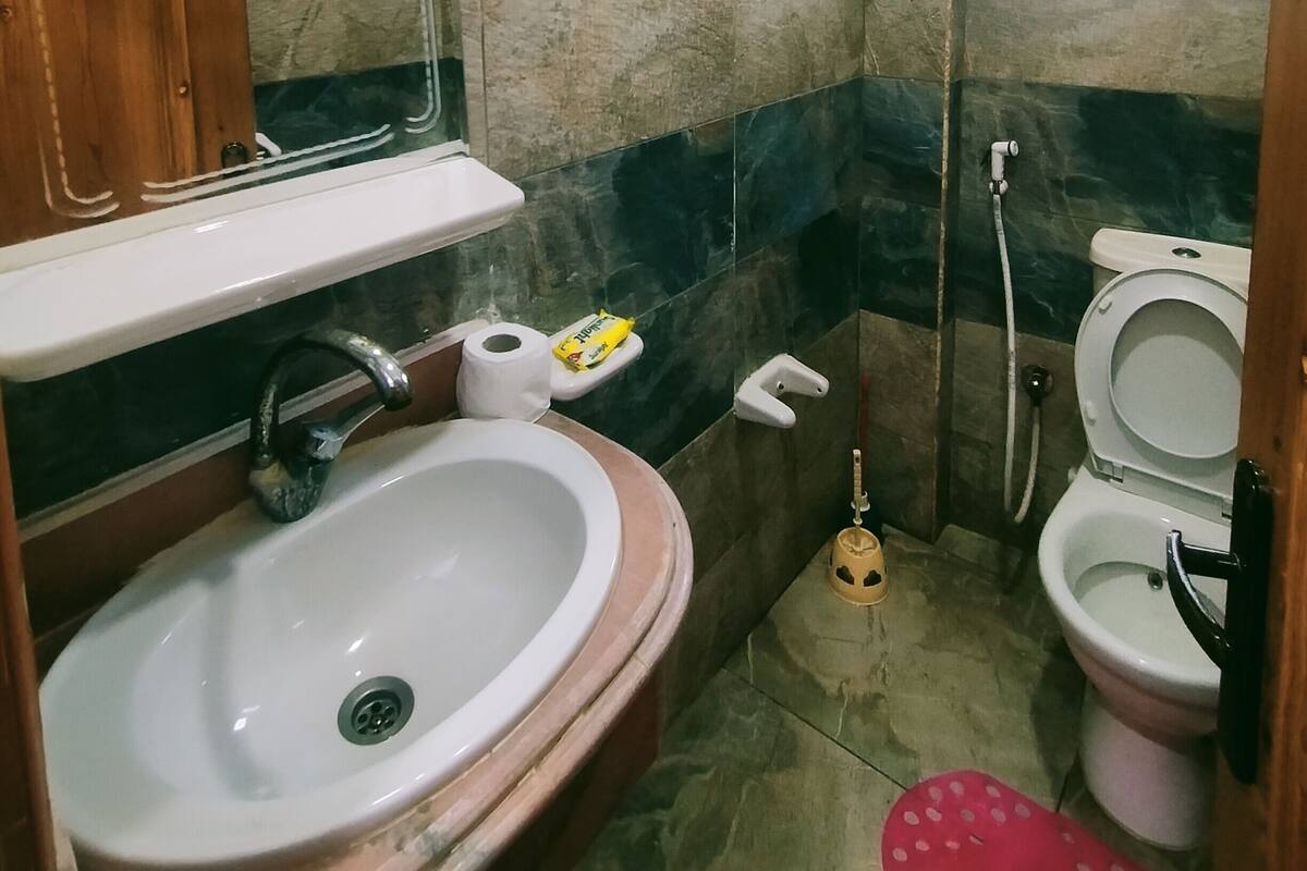 A bathroom with a sink, mirror, toilet, shower, and a fan.
