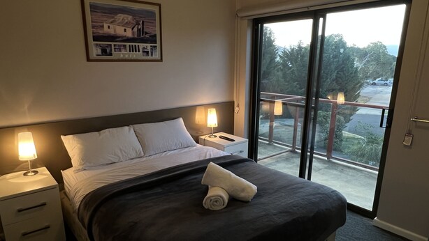 A hotel room with a large bed, two bedside tables with lamps, a framed picture on the wall, and a balcony with a view of trees and a parking area.