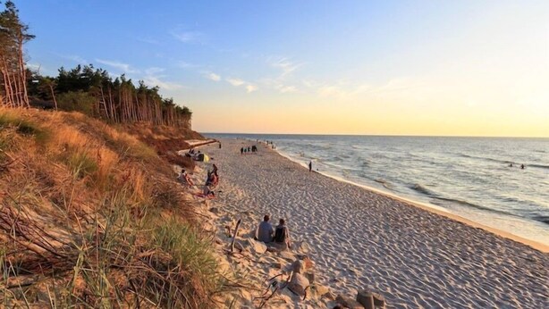 En strand med mennesker, der sidder og går langs kysten, træer i baggrunden og havet i det fjerne.
