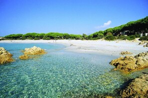 Een strand met helder water, rotsformaties en groene begroeiing.