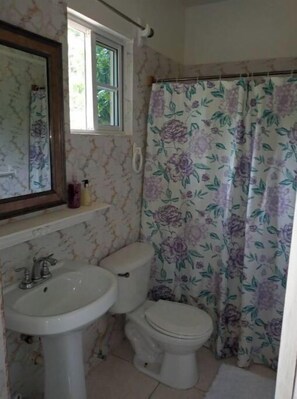 Bathroom features a sink, toilet, and shower with a floral wallpaper pattern.