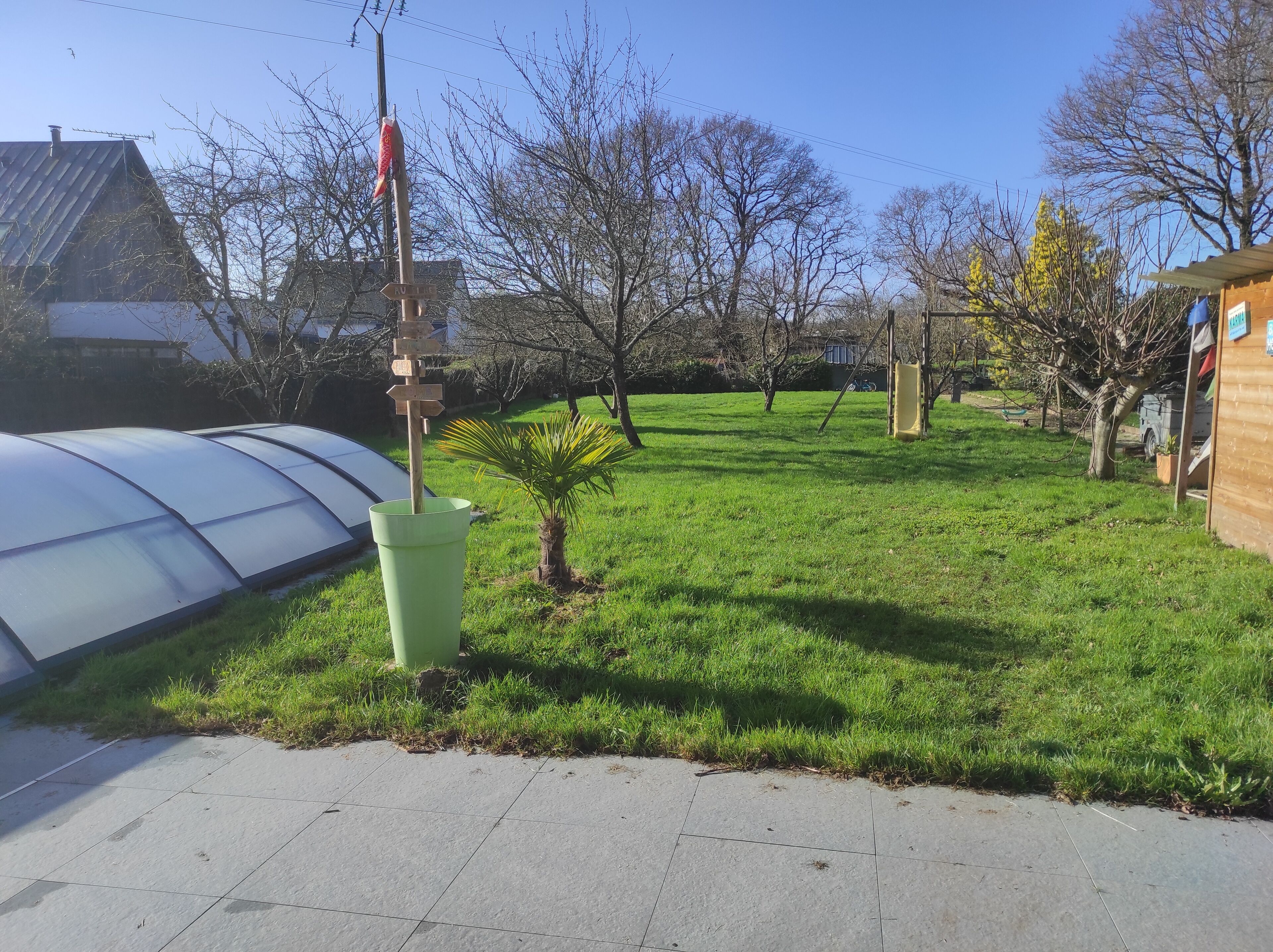 A green lawn with a directional signpost, a small palm tree, and a greenhouse structure.