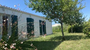 Un edificio blanco con contraventanas verdes, rodeado de césped y un árbol.