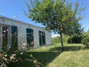 Un bâtiment blanc avec des volets verts, entouré de pelouse et d’un arbre.
