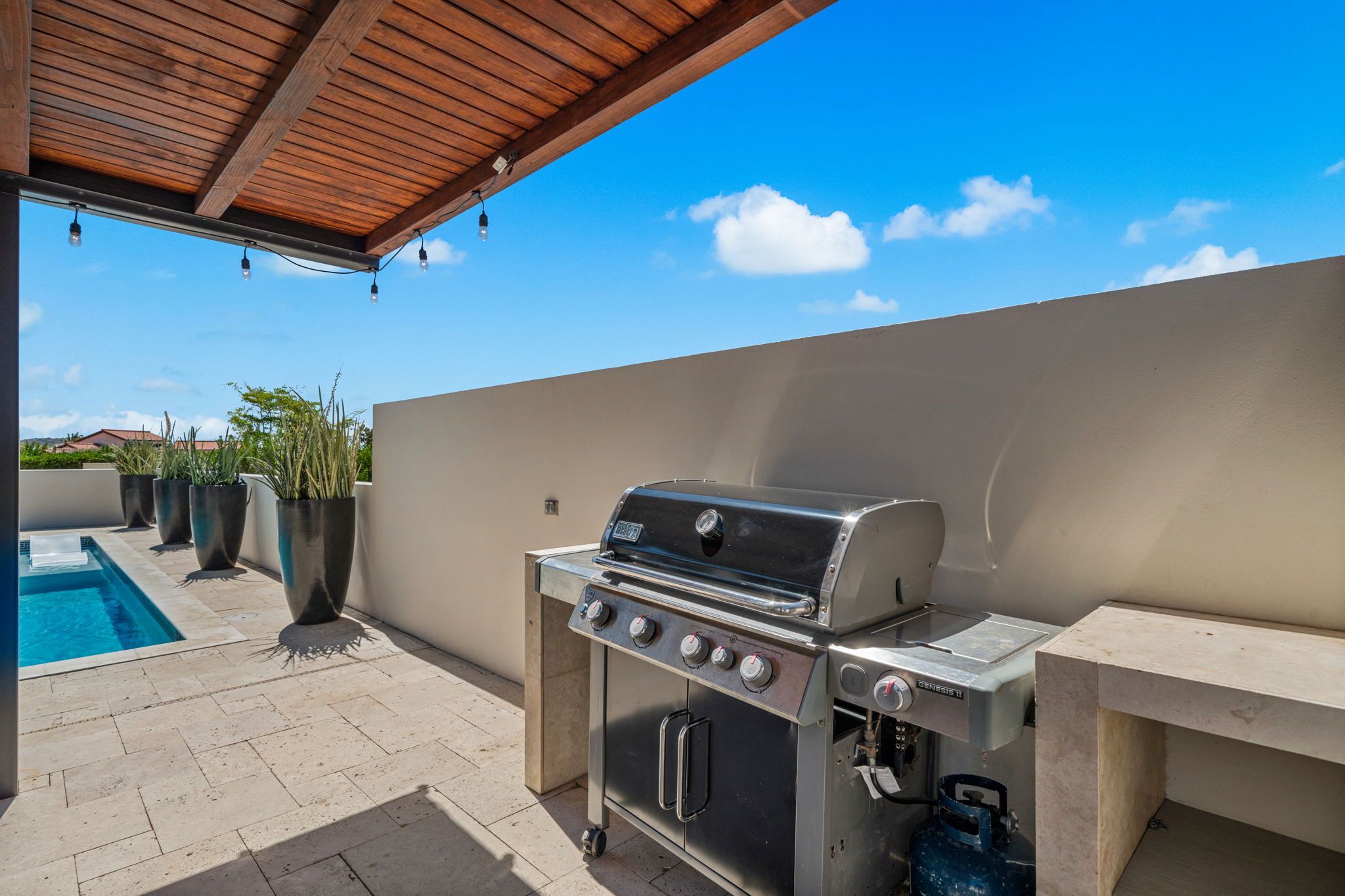 Une terrasse extérieure dotée d’un barbecue intégré, d’une piscine et de plantes en pot.