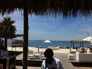 Beach nearby, sun loungers